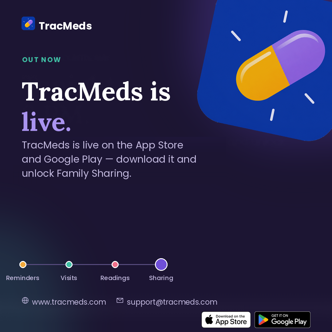 TracMeds is live on the App Store and Google Play — download it and unlock Family Sharing.