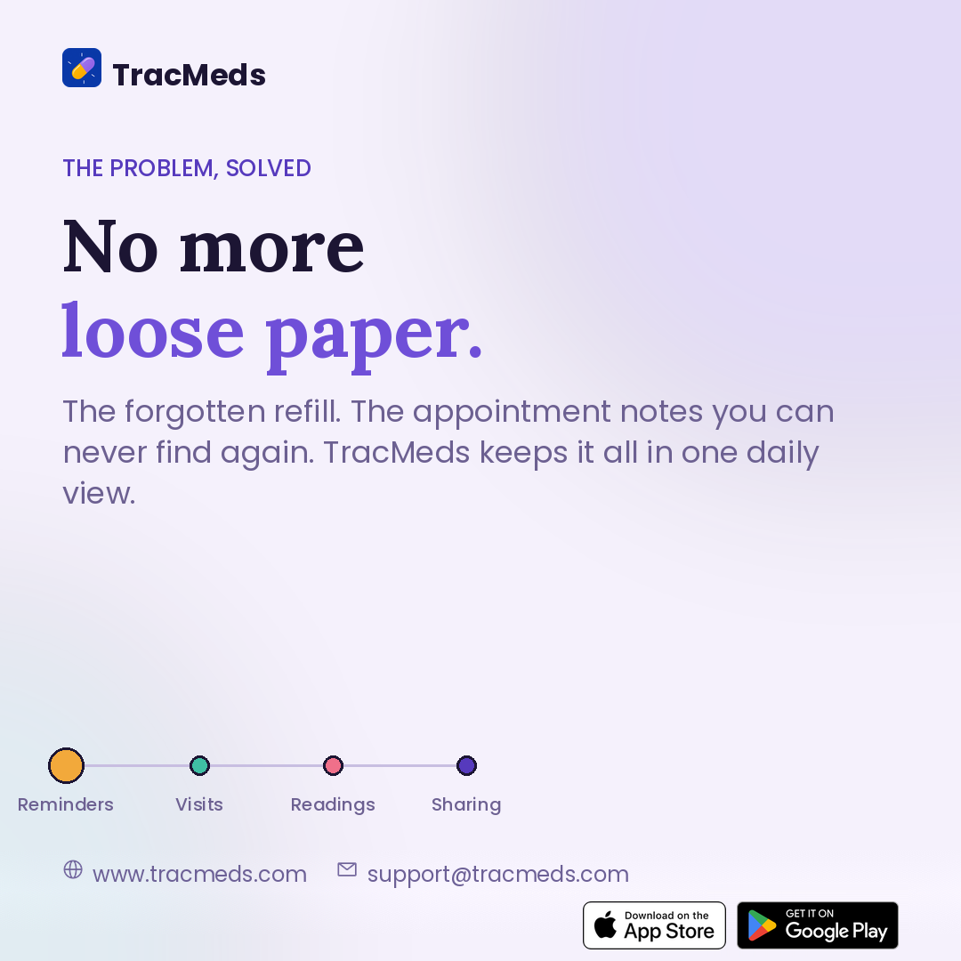 No more loose paper — TracMeds keeps medicine reminders and appointment notes in one daily view.